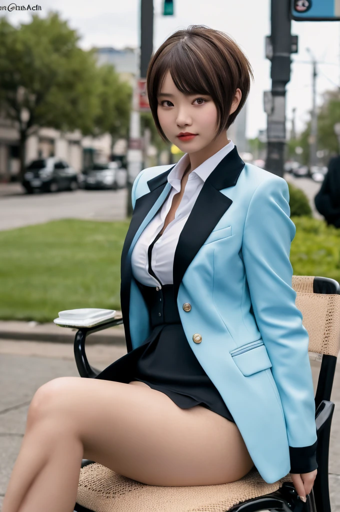 a 19 year old face of the most beautiful actress in the world, the perfect body proportions of a female, blazer is worn on formal shirt, exposed vagina between opened legs under short skirt, female genitalia of lower body is seen through panties, short hair is off the ears, sitting on a chair of the city street, nsfw, best quality, highly detailed, masterpiece, ultra high res, photo realistic, 8k