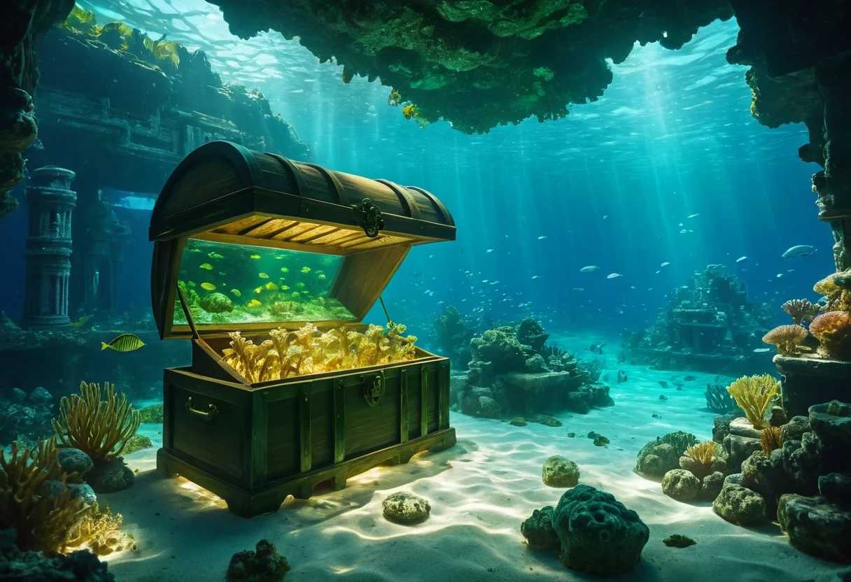 beautiful detailed underwater scene, treasure chest, glowing jade treasure, underwater ruins, ancient sunken city, serene ocean environment, shimmering light rays, vibrant ocean life, dense kelp forest, mysterious deep sea creatures, highly detailed 8k, photorealistic, cinematic lighting, dramatic color palette, masterpiece