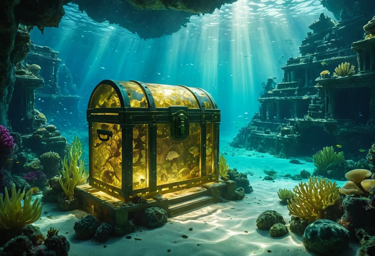 beautiful detailed underwater scene, treasure chest, glowing jade treasure, underwater ruins, ancient sunken city, serene ocean environment, shimmering light rays, vibrant ocean life, dense kelp forest, mysterious deep sea creatures, highly detailed 8k, photorealistic, cinematic lighting, dramatic color palette, masterpiece