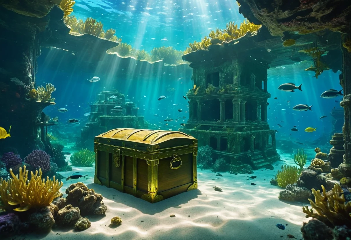 beautiful detailed underwater scene, treasure chest, glowing jade treasure, underwater ruins, ancient sunken city, serene ocean environment, shimmering light rays, vibrant ocean life, dense kelp forest, mysterious deep sea creatures, highly detailed 8k, photorealistic, cinematic lighting, dramatic color palette, masterpiece