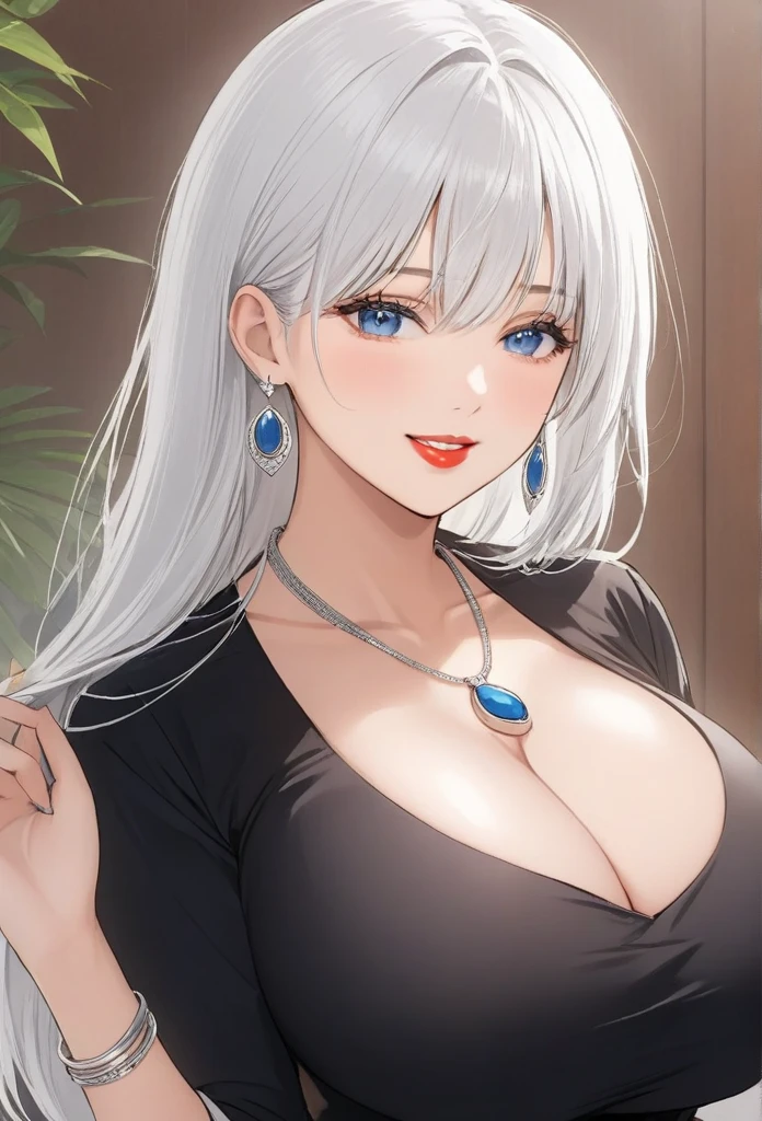 Hot sexy young babe , blue eyes, white hair,big silver jhumka earrings ,blunt hair ,red lipstick , smooth skin, school dress,sharp jawline, detailed face, bangles, necklace , big breasts, smiling , jewellery,hair brochure,