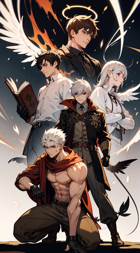 character sheet, character design, multiple angles, full body, book cover, artistic image, three versions of the character, an angel character, a demon character, human character, Handsome man, white hair, very short hair, ((crew cut: 1)), red eyes, fair skin, (( muscular: 1)), man, 28 years old, muscular, in good shape, muscular. no shirt, gold details, brown leather shawl, baggy gray pants, black and brown belts, black boots, brown gloves, lots of belts, red halo, halo behind the head, feathers flying, horns on the head, feathers falling, angel transformation, transformation Demon, human will not transform, three transformations, black feathers, white feathers, elemental power of light, elemental power of shadow, a seraph of chaos, several skeleton hands, power of death, power of life.