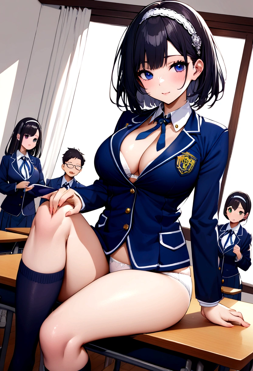 Teachers and students　Black Hair　Shortcuts　hair band　White bra　White panties　Navy blue knee socks　Beautiful breasts　School