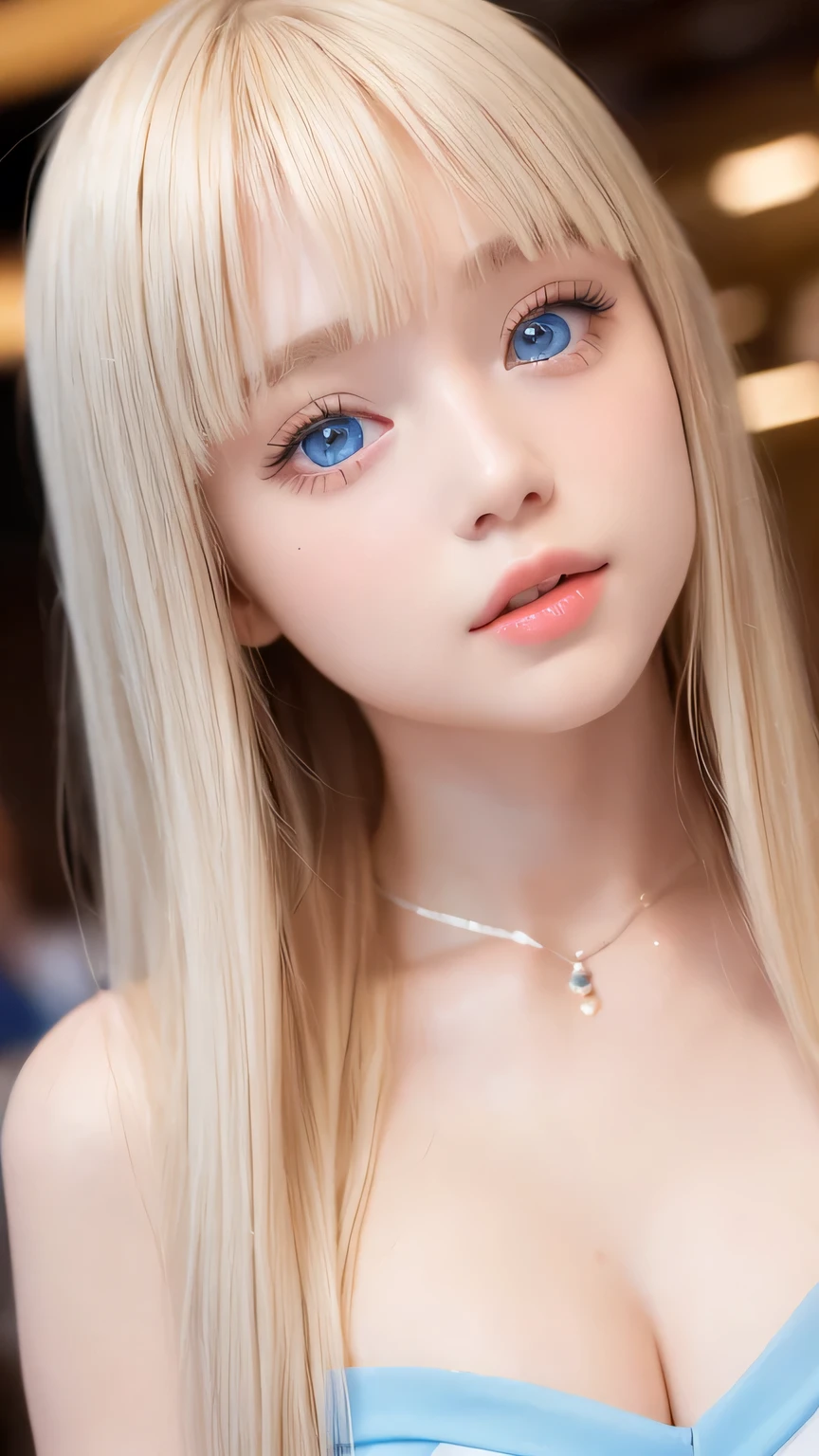 A very cute blonde beauty、Cute ************、Very beautiful bright pale light blue large eyes、Very big eyes、Gloss Face、Snow-white glossy skin、Cheek gloss highlighter、Super long hair、Ample Bust、Beautiful bangs between the eyes、Small Face Beauty、round face、eyeliner