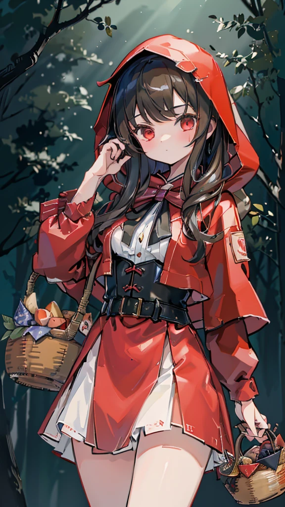 grace，Cool girl，Handsome girl，little Red Riding Hood，Red Cape，Red hood斗篷，Forest Background，Forest Background，Hooded girl with a basket，Wave Girl，Wolf Ear Girl，Wolf Ear Hood，Red hood，Close-up above the waist，Tight leather jacket，Shotgun，手持Shotgun，Hunter style girl