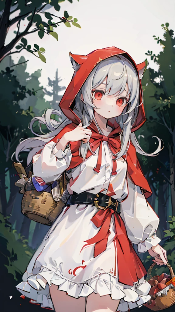 grace,Cool girl,Handsome girl,little Red Riding Hood,Red Cape,Red hood斗篷,Forest Background,Forest Background,Hooded girl with a basket,Wave Girl,Wolf Ear Girl,Wolf Ear Hood,Red hood,Close-up above the waist,Tight leather jacket,Shotgun,手持Shotgun,Hunter style girl