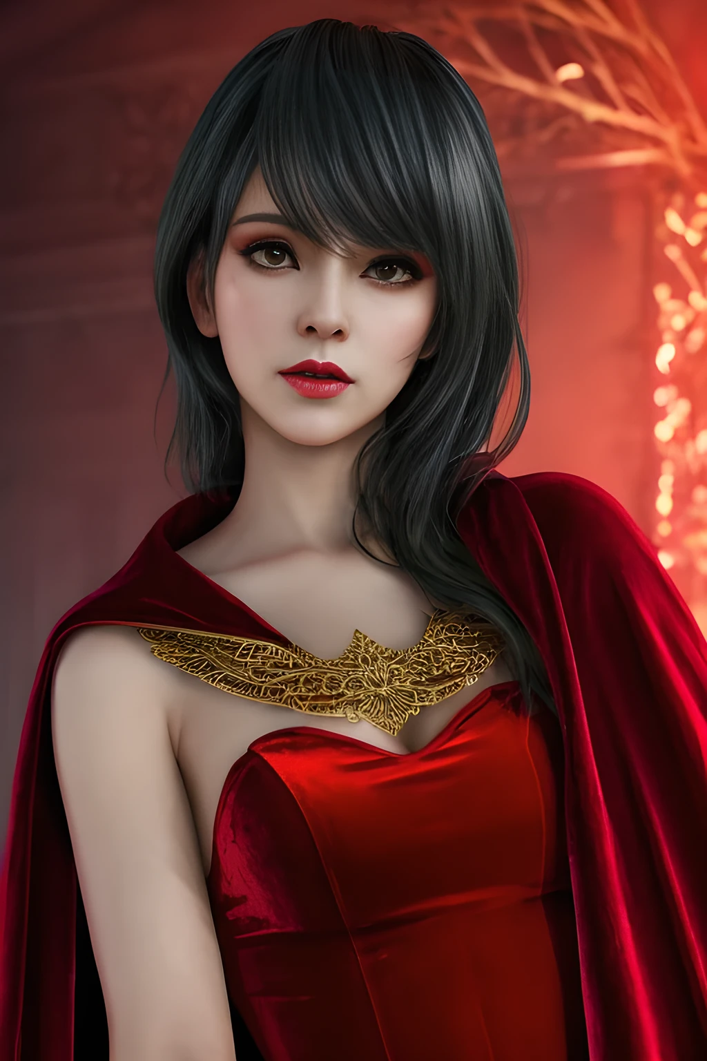 1girl,(Red Theme: 1.2), wearing a velvet dress, a gorgeous cape,, beautiful detailed eyes, beautiful detailed lips, extremely detailed eyes and face, long eyelashes, best quality, 4k, 8k, highres, masterpiece, ultra-detailed, realistic, photorealistic, photo-realistic, ethereal glow, regal elegance, intricate details, luxurious, otherworldly beauty, dark atmospheric background, supernatural aura,tamaki