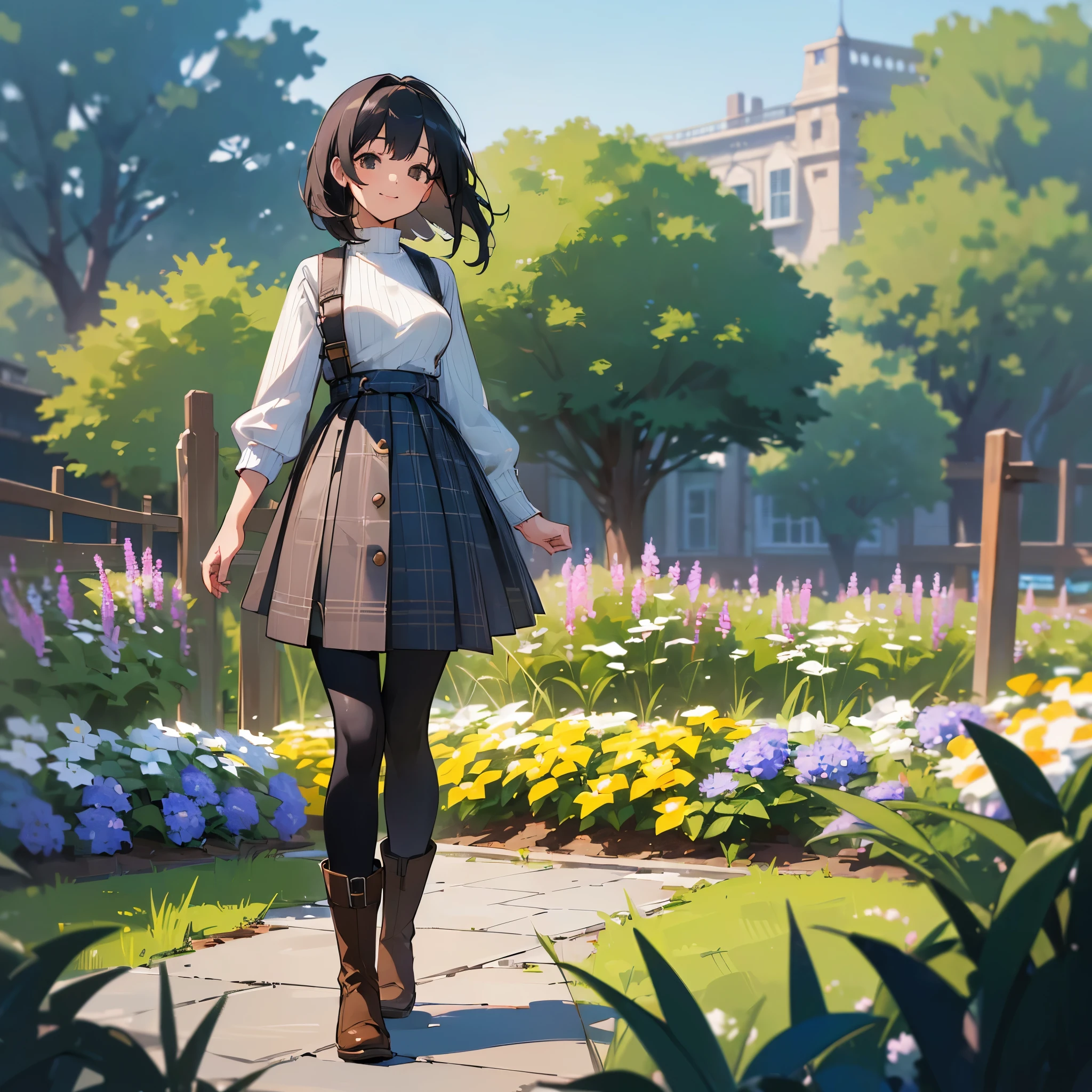 (high quality, High resolution, Very detailed, 8K, reality:1.37), Peaceful atmosphere, (Outdoor, garden), age girl standing alone, (my breasts are big.), Beautifully detailed features, Cute Smile, (Black bob hair), Ribbed sweater, Blue plaid skirt, black tights, Brown boots.