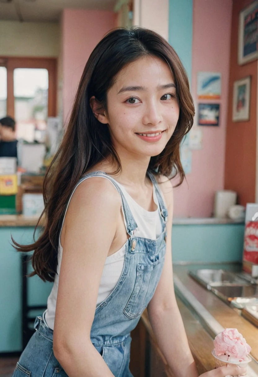 Portrait MagMix Girl look at camera, cute smile, long hair, Overalls, ice cream parlor with pastel-colored walls, a classic soda fountain counter, and ice cream posters, bathed in warm sunlight, analog film photo, Kodachrome.