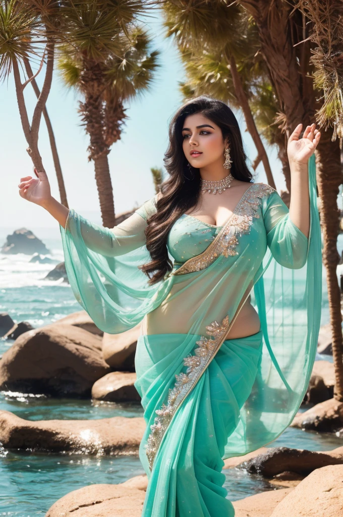 1 Heavenly beautiful and goddess beauty cute and sweet looking face Arabian woman in front of Glass Beach, California, Heavenly beautiful Overweight, Heavenly beautiful Extremely fat, Heavenly beautiful and attractive Chubby figure , Heavenly beautiful looking and eye catching luxury style saree , reaching out, Heavenly beautiful Arabian woman, 16k, High resolution, masterpiece, highest quality, fine skin, outside view, Realistic Photograph