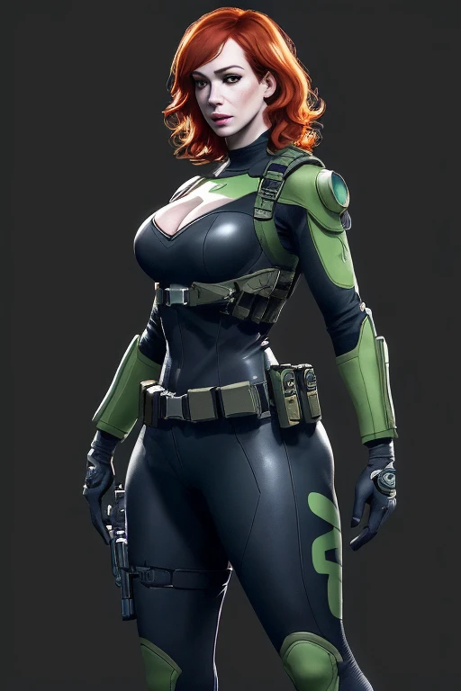 Christina Hendricks as an Splinter Cell character, alluring 48 year old woman, High-quality facial research of Christina Hendricks, (Christina's sculpted cheekbones and slight wrinkles around the face), High-quality detailed research of Christina Hendricks voluptuous figure, buxom chested. Fingerless Gloves, skin-tight black leather suit, utility belt, night goggles. Whole body, Casual pose, Beautiful pose, (Extremely detailed CG 8k wallpaper), (Extremely delicate and beautiful), (Masterpiece), (Best quality: 1.0), (Ultra-high resolution: 1.0), Beautiful lighting, Perfect lighting, Realistic shadows, [high resolution], Detailed skin, Super detailed (((Colorful))), Digital art, Splinter Cell concept art, full body concept art, Expert concept art with high detail, concept-art, stealth game concept art, concept-art, Bruno Gauthier Leblanc style, Video game concept art, 4K, full body portrait
