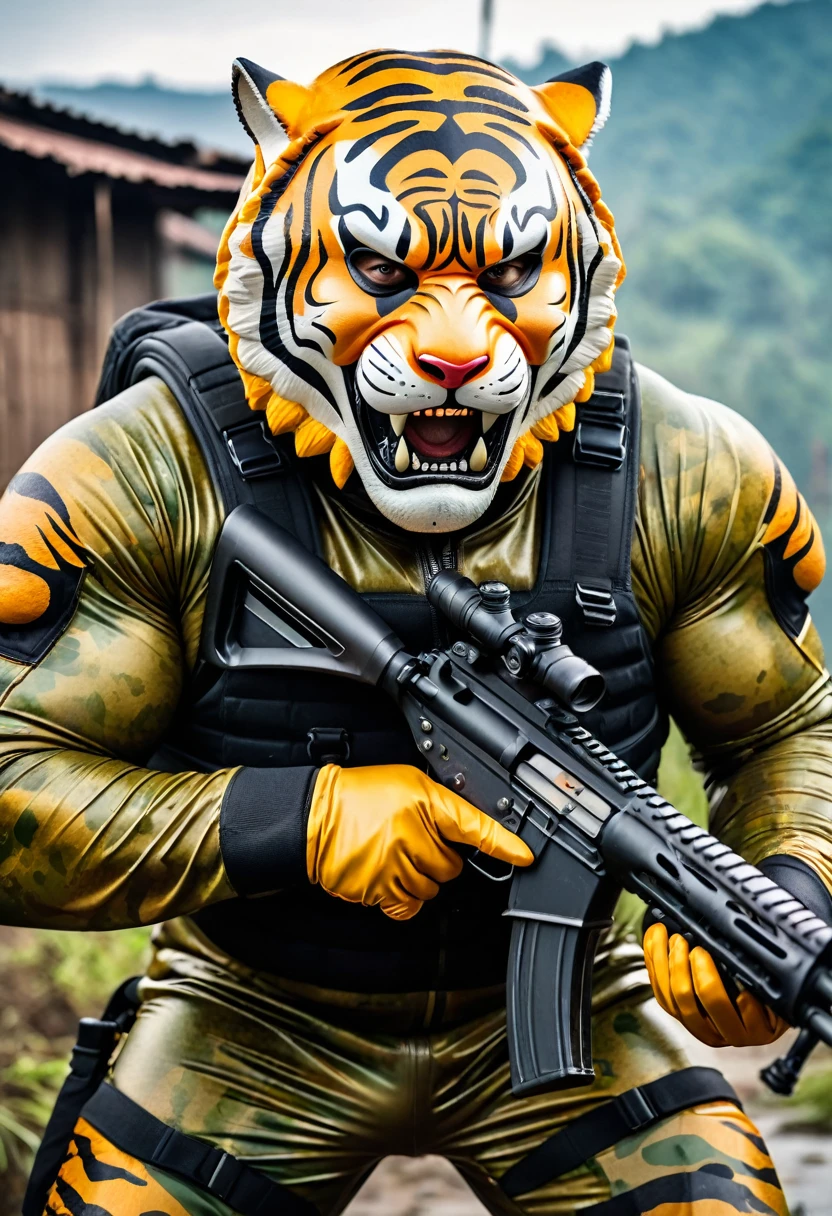 (a dark-skinned fat muscular old man in a bulky army camouflage zipper diver suit) shooting with a rifle and (wearing realistic roaring siberian tiger mask), muscular, Bruce Onobrakpeya, sumatraism, stanley artgermm, action, a character portrait, heroic, fierce, snarling