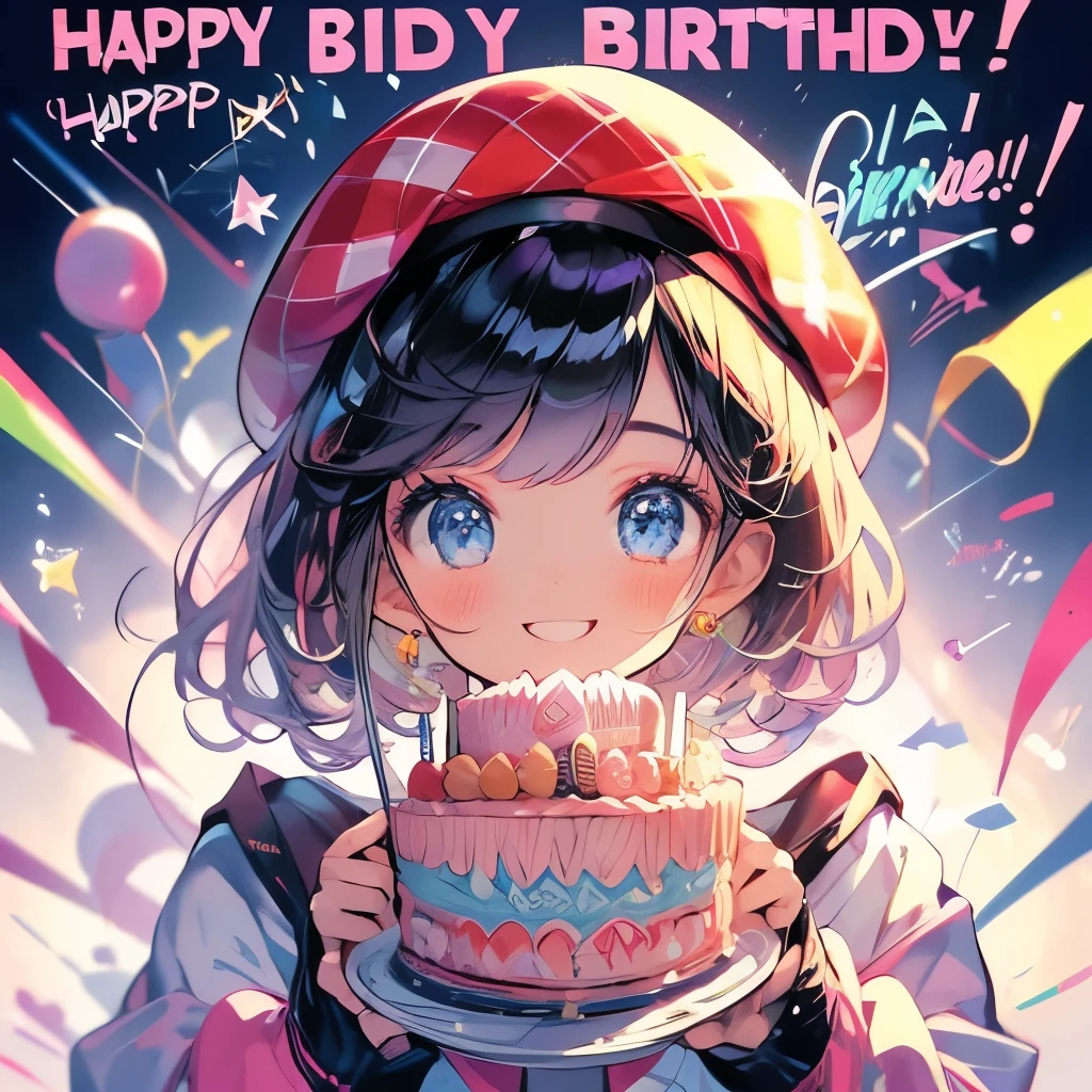 Highest quality、masterpiece、Anime Girls、((Have a birthday cake))、smile、Upper Body、beret、Lots of balloons、Gwaiz、Birthday lettering