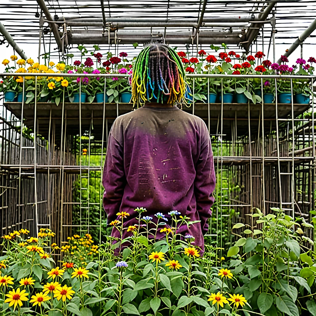 boy with dreds, seen from behind, with scaffolding on his back, mixing with dense vegetation composed of colorful flowers,xianxia