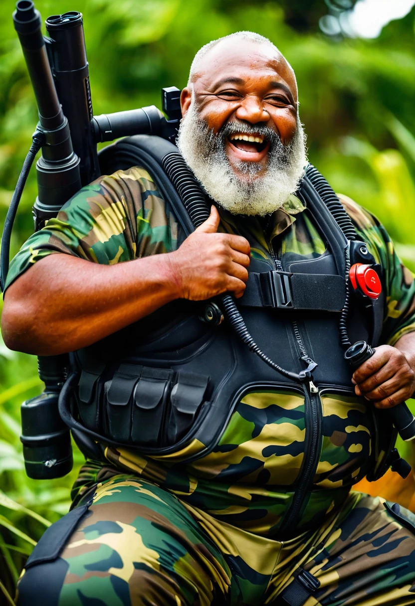 (a dark-skinned bearded fat old man in a bulky camouflage zipper diver suit and heavy scuba gear), shooting with a gun, muscular, Bruce Onobrakpeya, sumatraism, stanley artgermm, action, a character portrait, heroic, fierce, laughing