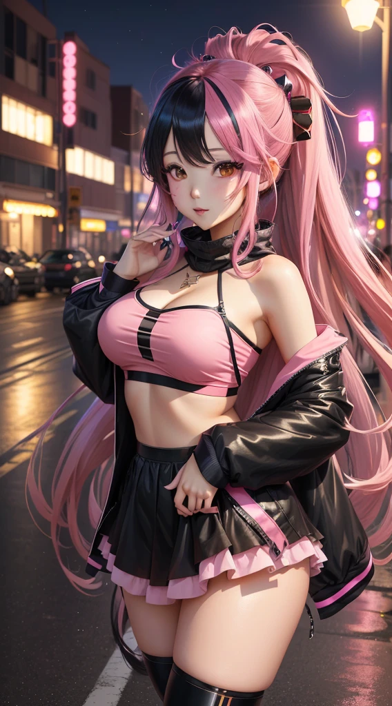 An アニメ illustration of a girl, cowboy shot, confident cyberpunk girl with sassy expression, ((Harajuku-inspired pop outfit and tech jacket)), bold colors and patterns, eye-catching accessories, trendy and innovative hairstyle, vibrant makeup, ((dynamic pose)), futuristic dazzling Cyberpunk cityscape, skyscrapers, neon signs, glowing LED lights, bright and vivid color scheme, アニメ, illustration, (beautiful detailed face), intricate details, ultra detailed.smile、Big Breasts
