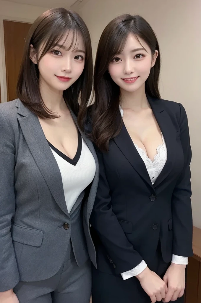 (8k, Best Quality, Masterpiece, Realistic, Ultra Detailed:1.3), (1girl, pretty Japanese politician), (suit jacket, tight mini-skirt:1.3), Smile, (big breasts, cleavage, perfect body:1.3), (naked:1.4), bangs, necklace, navel, (indoors, palace) ,(crowd, female police officers:1.3), beautiful legs,