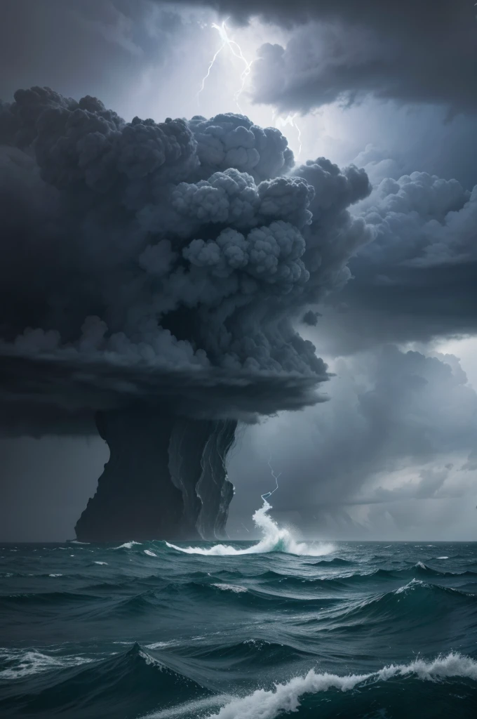 (masterpiece), best quality, the ground split in two showing a huge chasm descending into darkness with smoke rising. dramatic angle, extreme angle shot, low-angle shot, wide-angle shot, dark moody storm-clouds