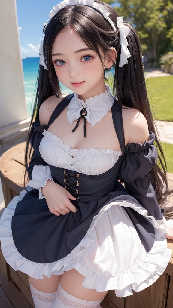 ((masterpiece)), ((highest quality、Ultra high definition)), (Very detailed),8K、Photo quality、((Amazingly cute girl)),( -yeld gi, Two people, , (Beautiful emerald blue eyes), ((smile)),In the open-air bath overlooking the sea, Beautifully arranged black hair in twin tails、whole body、((Super high-end white see-through summer gothic lolita maid costume、A super mini skirt with lots of frills))、Professional Lighting、(White lace knee-highore detailed and beautiful)、(More details and cutenesore realistic)、(((Just wear light clothing)))、