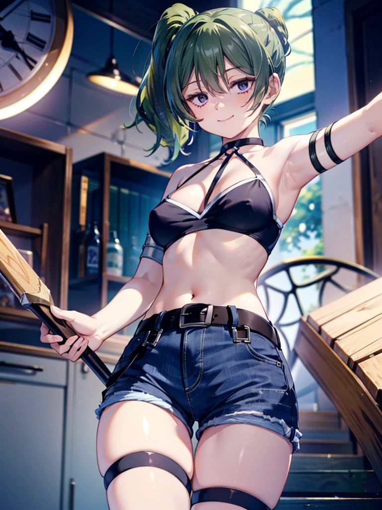 (8K, Highest quality, Highest quality, masterpiece), ubel, long hair, side ponytail, cleavage, belt, arm strap, single elbow glove, thigh strap, smile, denim hot shorts, mini shorts, medium breasts