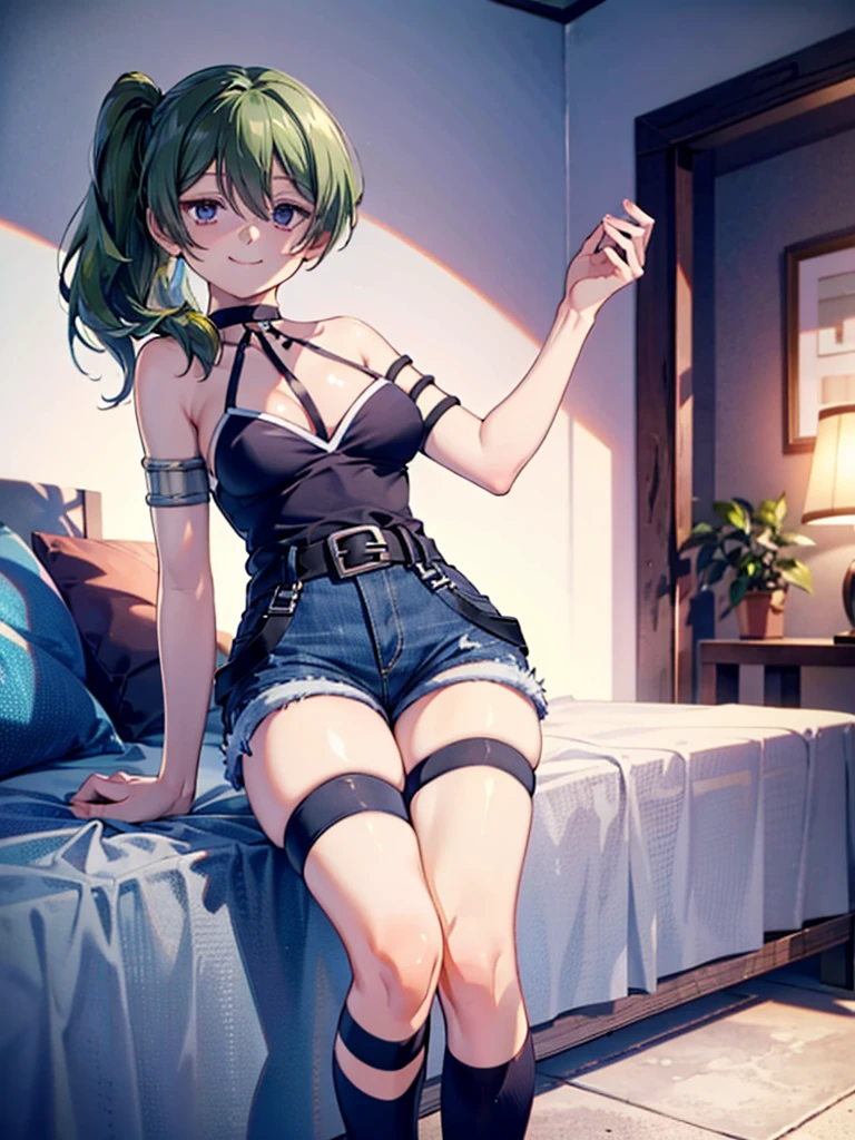 (8K, Highest quality, Highest quality, masterpiece), ubel, long hair, side ponytail, cleavage, belt, arm strap, single elbow glove, thigh strap, smile, denim hot shorts, mini shorts, medium breasts