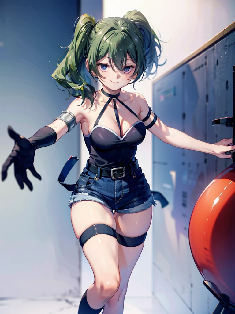 (8K, Highest quality, Highest quality, masterpiece), ubel, long hair, side ponytail, cleavage, belt, arm strap, single elbow glove, thigh strap, smile, denim hot shorts, mini shorts, medium breasts
