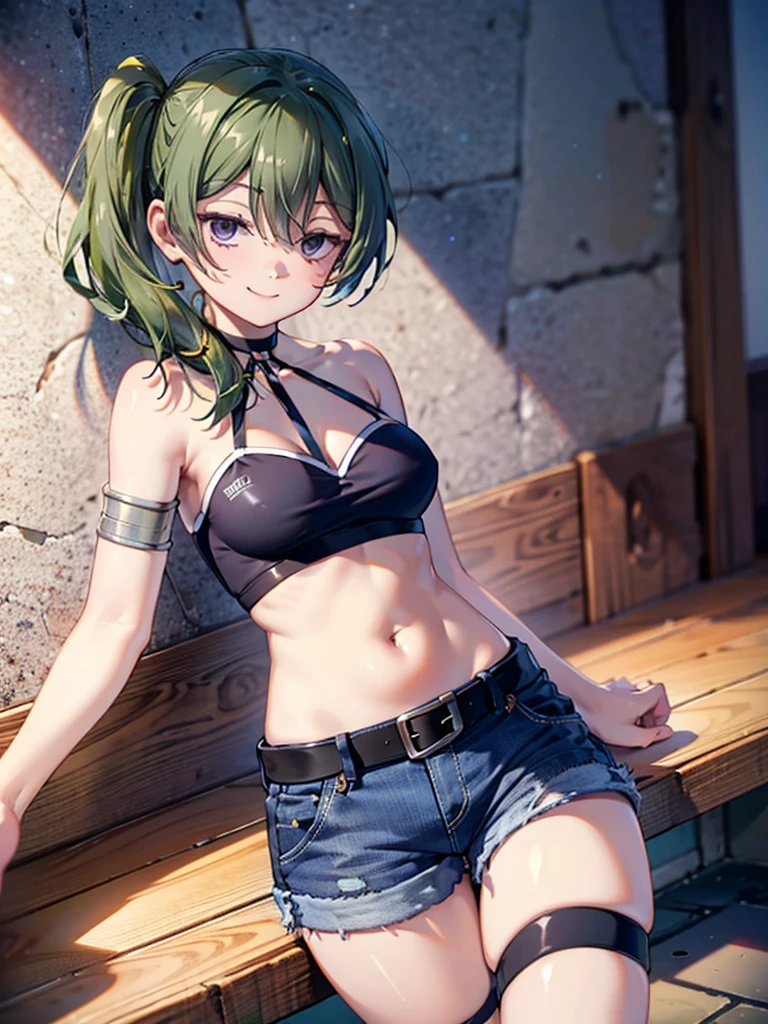 (8K, Highest quality, Highest quality, masterpiece), ubel, long hair, side ponytail, cleavage, belt, arm strap, single elbow glove, thigh strap, smile, denim hot shorts, mini shorts, medium breasts