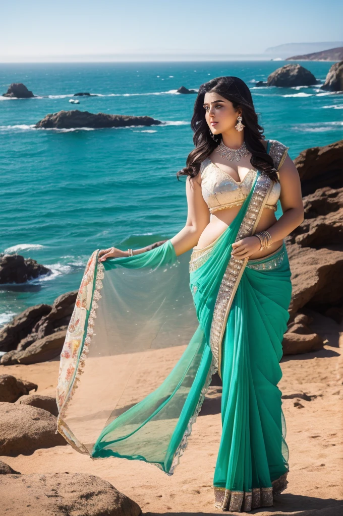 1 Heavenly beautiful and goddess beauty cute and sweet looking face Arabian woman in front of Glass Beach, California, Heavenly beautiful Overweight, Heavenly beautiful Extremely fat, Heavenly beautiful and attractive Chubby figure , Heavenly beautiful looking and eye catching luxury style saree , reaching out, Heavenly beautiful Arabian woman, 16k, High resolution, masterpiece, highest quality, fine skin, outside view, Realistic Photograph