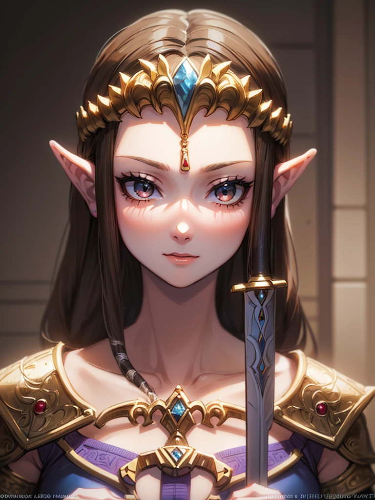 ((ストレートヘアー))((Highly detailed face)),((Very beautiful face)),Close-up of a statue of a woman holding a sword, Zelda Twilight Princess, Princess Zelda, Twilight Princess, portrait of Zelda, Zelda, from legend of zelda,, upper body, ,((Portrait of a single person)),(紫のブラウス))