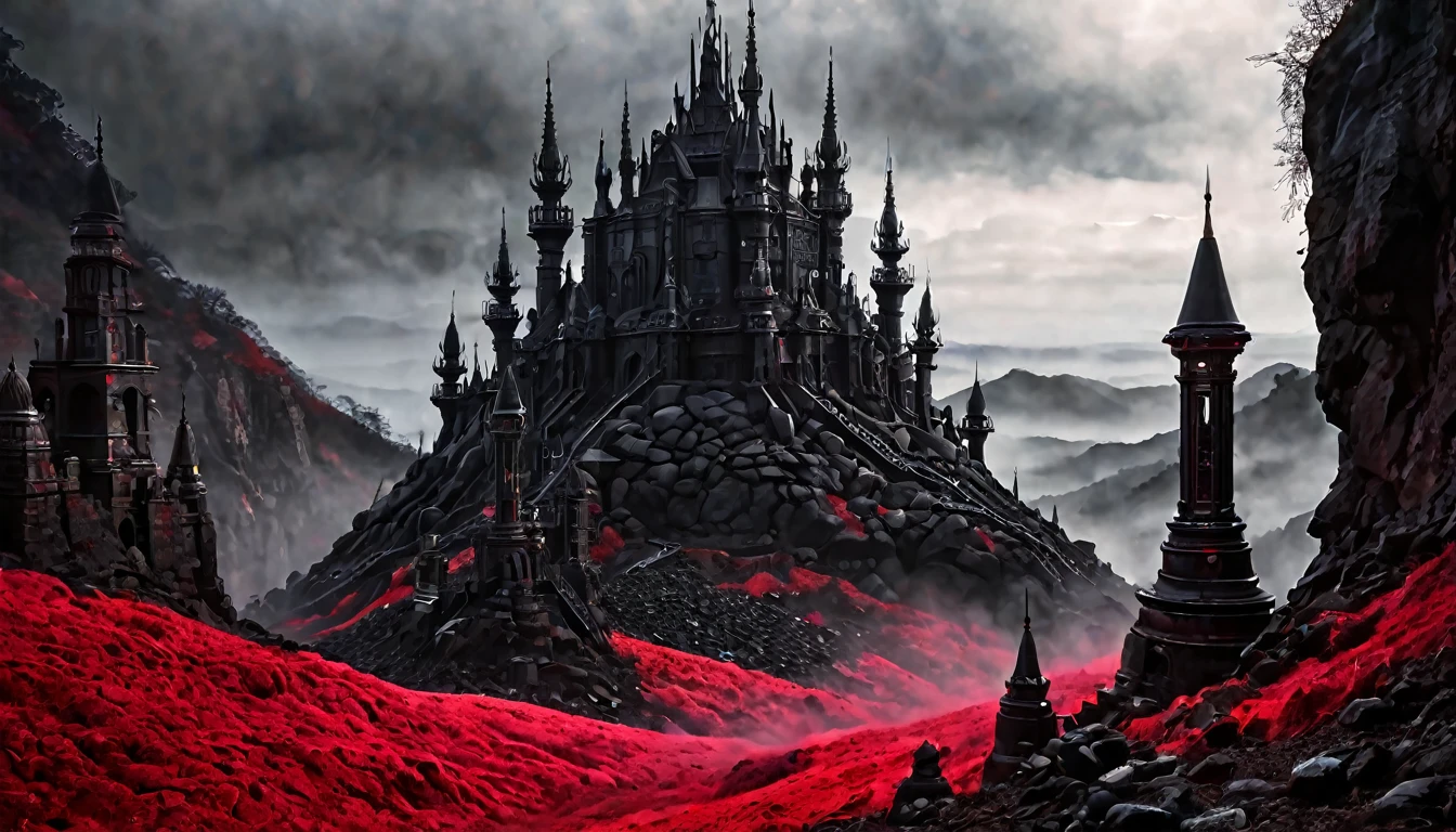 a rugged hillside of black stones, surrounded by red fog, dark image, noir, rule of thirds, cinematic, ultra detailed, visually rich, (concept art by H. R. Giger), dark fantasy, intricate details, extremely detailed, (background a dark castle with tall towers) ultra sharp focus, attention to detail, grandeur and awe, stunning visual masterpiece, double exposure, 32k, photorealistic, strong contours, cinematic scene, highest quality