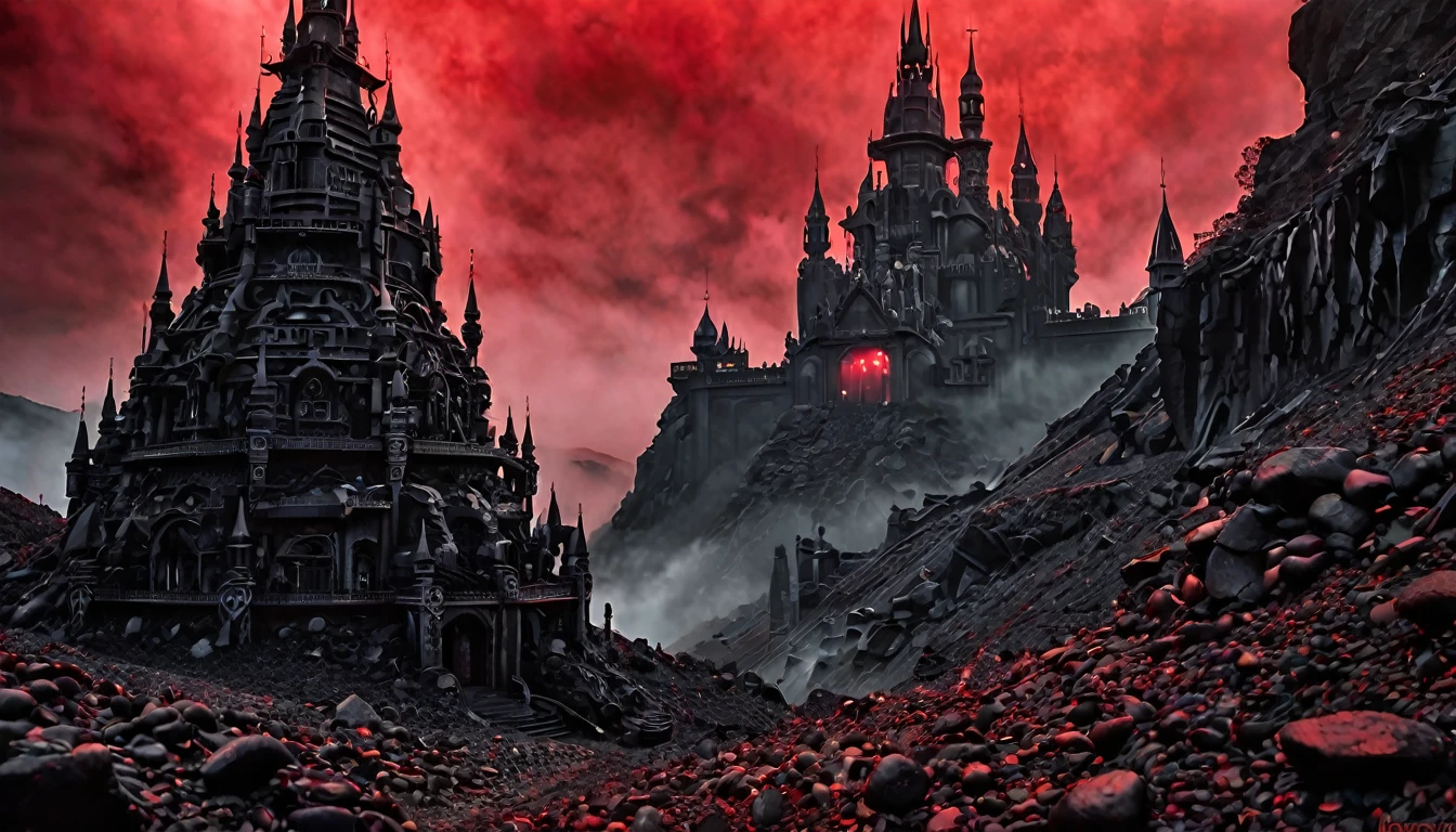 a rugged hillside of black stones, surrounded by red fog, dark image, noir, rule of thirds, cinematic, ultra detailed, visually rich, (concept art by H. R. Giger), dark fantasy, intricate details, extremely detailed, (background a dark castle with tall towers) ultra sharp focus, attention to detail, grandeur and awe, stunning visual masterpiece, double exposure, 32k, photorealistic, strong contours, cinematic scene, highest quality