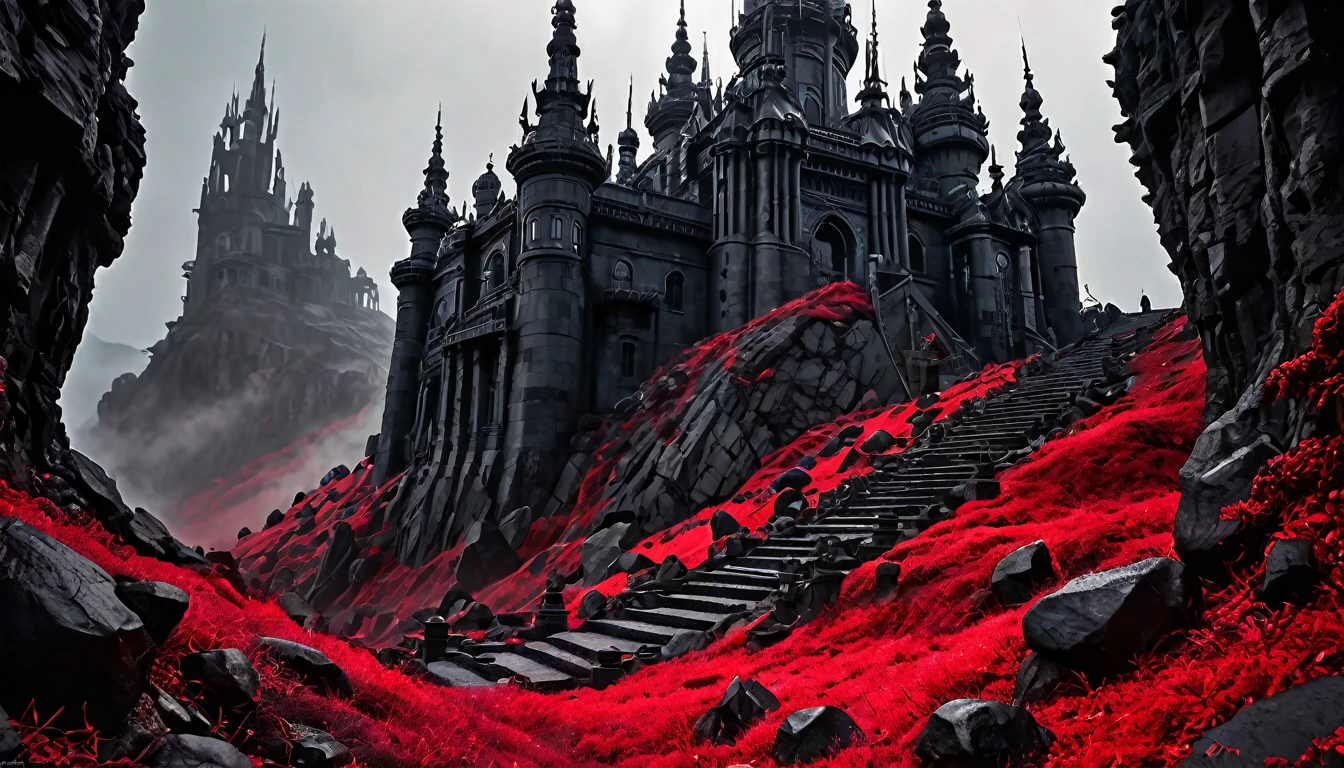 a rugged hillside of black stones, surrounded by red fog, dark image, noir, rule of thirds, cinematic, ultra detailed, visually rich, (concept art by H. R. Giger), dark fantasy, intricate details, extremely detailed, (background a dark castle with tall towers) ultra sharp focus, attention to detail, grandeur and awe, stunning visual masterpiece, double exposure, 32k, photorealistic, strong contours, cinematic scene, highest quality