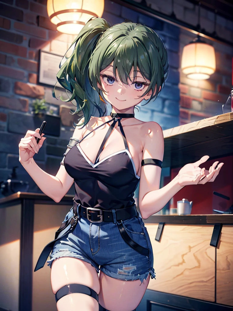 (8K, Highest quality, Highest quality, masterpiece), ubel, long hair, side ponytail, cleavage, belt, arm strap, single elbow glove, thigh strap, smile, denim hot shorts, mini shorts, medium breasts