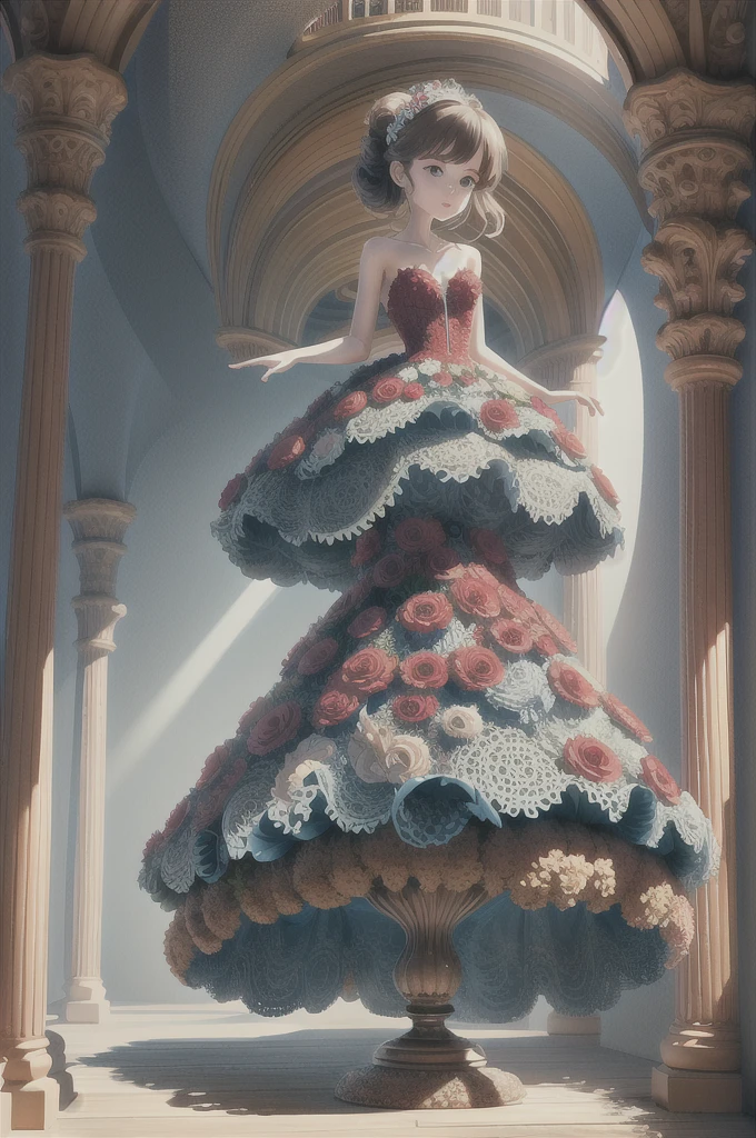 Full body girl in princess dress.
Descending the castle hall stairs.
With the light blue dress.
With the constellations of the universe