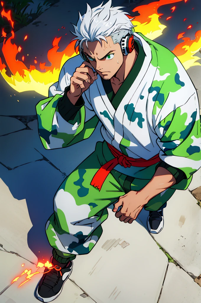 naughty man, appearance of , big hair tied samurai style with white hair with water green tips, wearing a white sweatshirt with a cyan fire style print on the edge of the waist, Wearing Headphones, slanted eyes, moss green eyes, Cao Cao, smart, wearing camouflage style sweatpants, wearing tennis shoes, with perfect details of light and shadow, in 8K quality, with small rays in the form of energy (might) white and red color around its body.