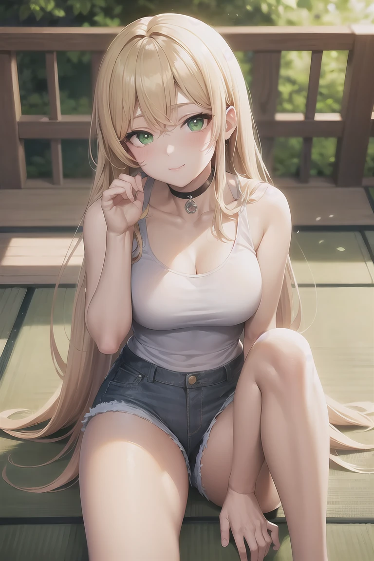 Masterpiece, best quality, Perfect lighting, Lighting on the face, Blonde Hair, choker, Green Eyes, Long Hair, White tank top, Denim shorts, Japanese ,blush, Have, break looking at viewer, break outdoors, Sexy pose, Dog Pose,