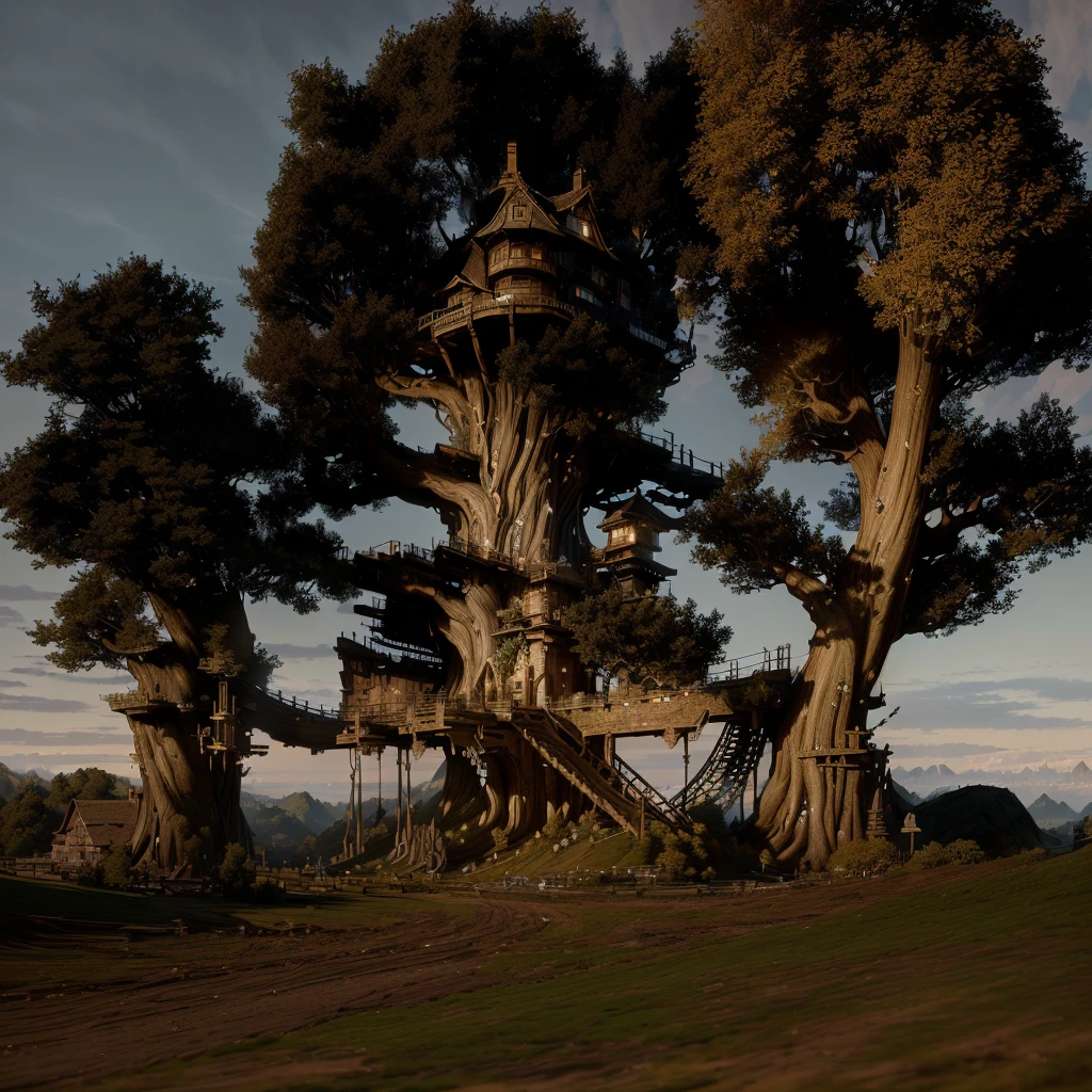masterpiece, best quality, (extremely detailed CG unity 8k wallpaper), (best quality), (best illustration), (best shadow), absurdres, realistic lighting, (Abyss), beautiful detailed glow, tree village, photo realistic