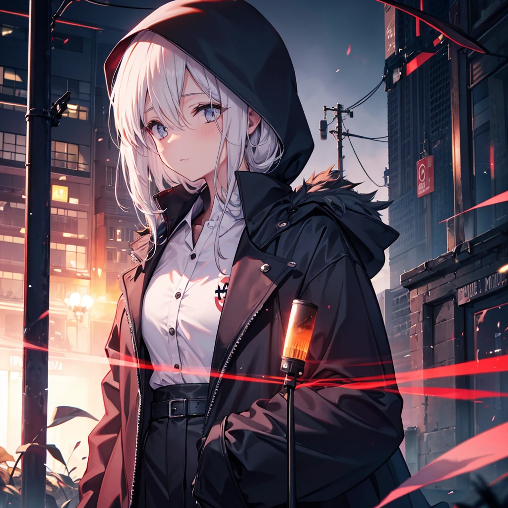 (((Grim Reaper's Scythe))) (((Gray Hair Short Hair blue eyes female))),((night full moon My own big wings)),(Wearing a hood Black camisole Purple light), A tense look Shining Background Shining Edge
