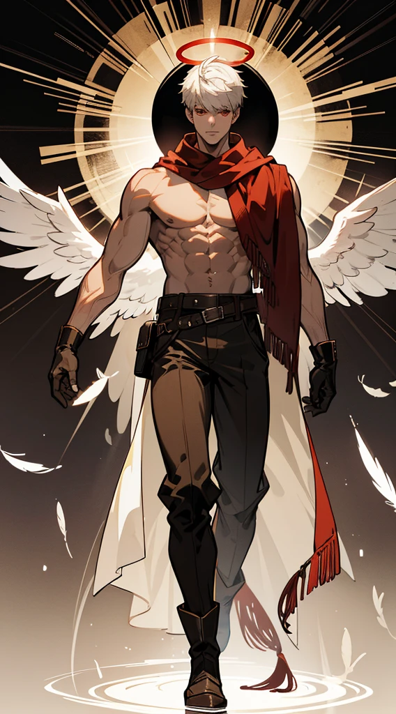 character sheet, character design, multiple angles, full body, book cover, artistic image, three versions of the character, an angel character, a demon character, human character, Handsome man, white hair, very short hair, ((crew cut: 1)), red eyes, fair skin, (( muscular: 1)), man, 28 years old, muscular, in good shape, muscular. no shirt, gold details, brown leather shawl, baggy gray pants, black and brown belts, black boots, brown gloves, lots of belts, red halo, halo behind the head, feathers flying, horns on the head, feathers falling, angel transformation, transformation Demon, human will not transform, three transformations, black feathers, white feathers, elemental power of light, elemental power of shadow, a seraph of chaos, several skeleton hands, power of death, power of life.