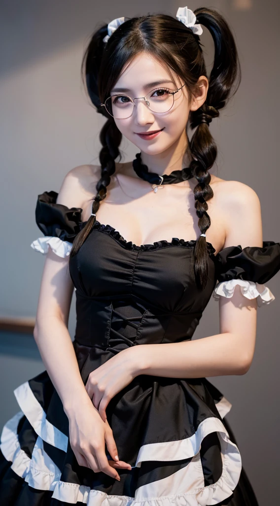 (Highest quality,8K quality,masterpiece:1.3),(Ultra-high resolution,Realistic:1.4,Live Shooting),(Very detailed,Caustics,Detailed Background),(Ultra-Realistic Capture,beautifully detailed skin,Perfect Anatomy),At dusk,Sunset sky, ((Gothic ta, Maid clothes, Pigtails、Twin tail hairstyle, black eye)), ,14 ye,single eyelid,Long black hair,,Looking into the camera,へにょへにょしたsmile,whole body,Natural light、Big Breasts、Black-rimmed glasses、smile、Showing boobs、