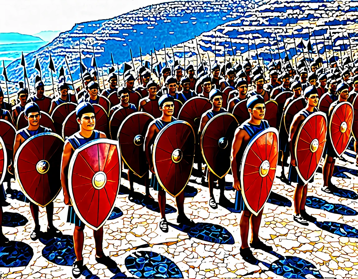 epic cinematic shot. Euboean Hoplites standing confidently on a rocky battlefield, their hoplon shields gleaming in the sunlight, ready for a fierce land battle. 8th century BCE, Greece，xianxia