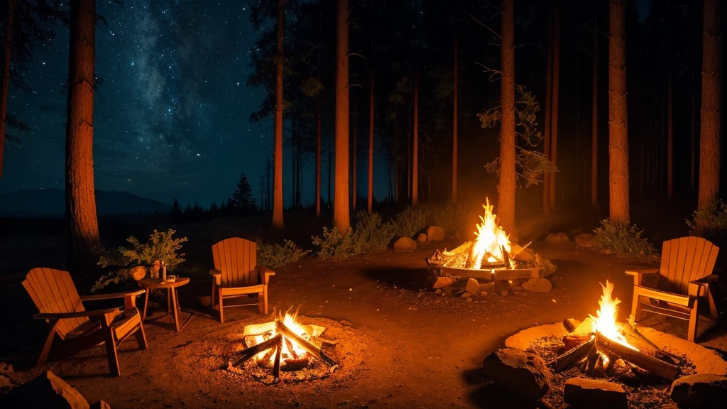 A cozy campfire burning brightly in a quiet forest clearing at night. The flames are small and contained, flickering and crackling gently. The fire is surrounded by a circle of stones, with a few logs and branches feeding the flames. The warm, orange glow of the campfire contrasts with the dark surroundings, and the silhouettes of trees are visible in the background. The scene is tranquil and inviting, focusing solely on the campfire itself.