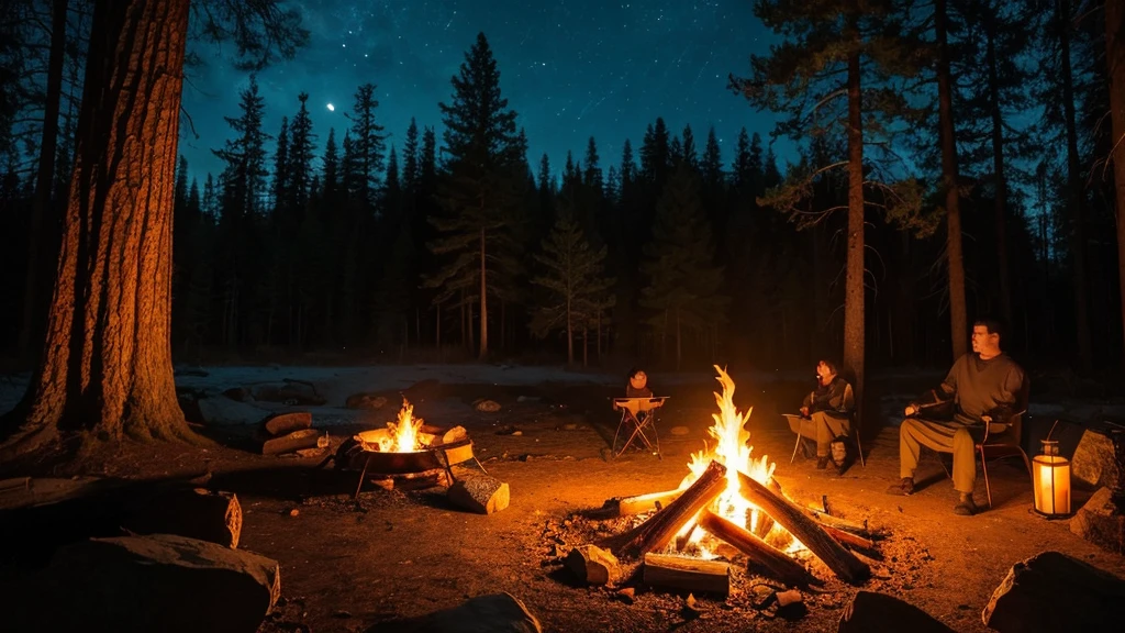 A cozy campfire burning brightly in a quiet forest clearing at night. The flames are small and contained, flickering and crackling gently. The fire is surrounded by a circle of stones, with a few logs and branches feeding the flames. The warm, orange glow of the campfire contrasts with the dark surroundings, and the silhouettes of trees are visible in the background. The scene is tranquil and inviting, focusing solely on the campfire itself.