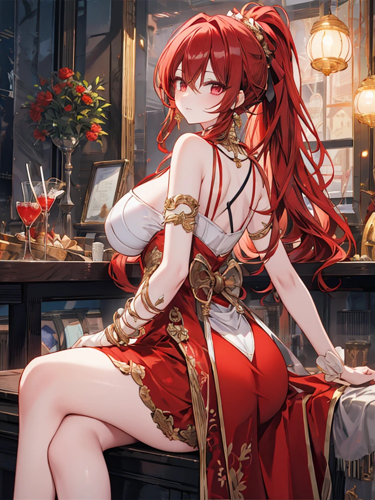 Crossing your legs, Anime style painting, An illustration, liquor, Woman sitting at a bar drinking a cocktail, look back, back, 背景の棚には多彩な色のliquor瓶が並んでいる, Quiet bar, Calm expression, Perfect hands, elder, Red Hair, The dignity of a 50-year-old, ほろ酔いのwoman, solo、(Highly detailed background:1.0)、(Highly detailed background:1.0)、masterpiece、Highest quality、(Babes)、Fractal Art、Red eyes、Narrow eyes、Black and red dress, Reddish lips、From the shoulders up、smile、One Woman、Red long ponytail, Curly Hair, Red eyes,Golden accessories, solo, Big Breasts, woman, Take-out, Provocative laughter,40 year old woman,Queen of Sadism, Highly detailed background, Perfect Human Medicine,