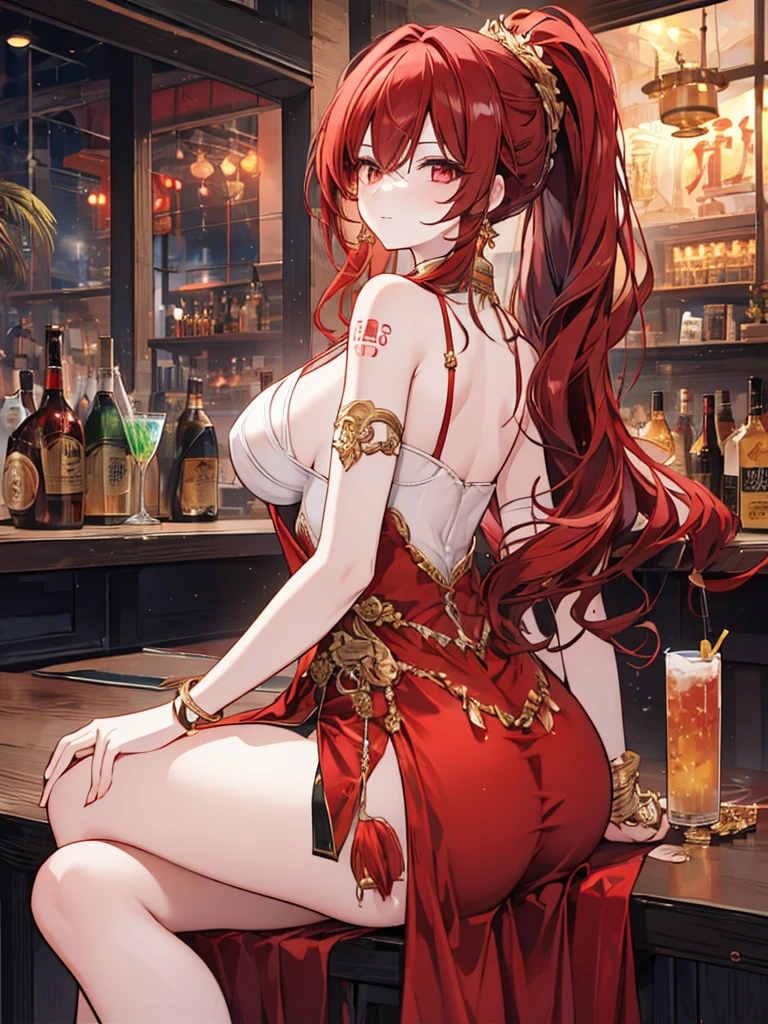 Crossing your legs, Anime style painting, An illustration, liquor, Woman sitting at a bar drinking a cocktail, look back, back, 背景の棚には多彩な色のliquor瓶が並んでいる, Quiet bar, Calm expression, Perfect hands, elder, Red Hair, The dignity of a 50-year-old, ほろ酔いのwoman, solo、(Highly detailed background:1.0)、(Highly detailed background:1.0)、masterpiece、Highest quality、(Babes)、Fractal Art、Red eyes、Narrow eyes、Black and red dress, Reddish lips、From the shoulders up、smile、One Woman、Red long ponytail, Curly Hair, Red eyes,Golden accessories, solo, Big Breasts, woman, Take-out, Provocative laughter,40 year old woman,Queen of Sadism, Highly detailed background, Perfect Human Medicine,