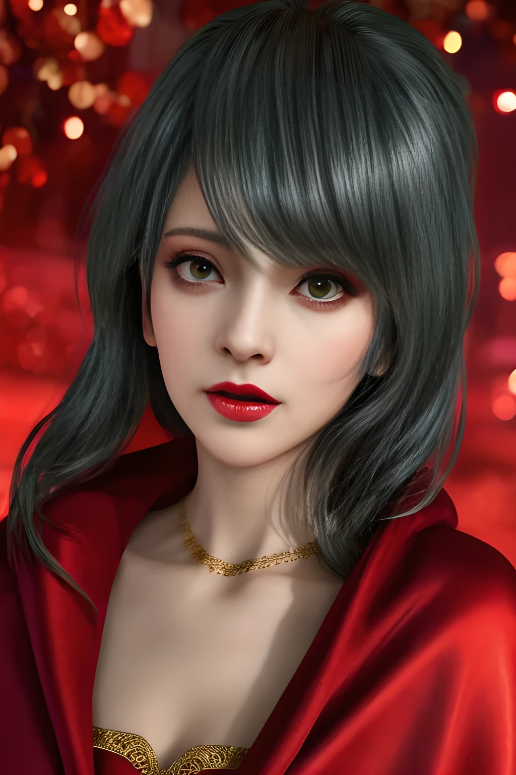 1girl,(Red Theme: 1.2), wearing a velvet dress, a gorgeous cape,, beautiful detailed eyes, beautiful detailed lips, extremely detailed eyes and face, long eyelashes, best quality, 4k, 8k, highres, masterpiece, ultra-detailed, realistic, photorealistic, photo-realistic, ethereal glow, regal elegance, intricate details, luxurious, otherworldly beauty, dark atmospheric background, supernatural aura,tamaki