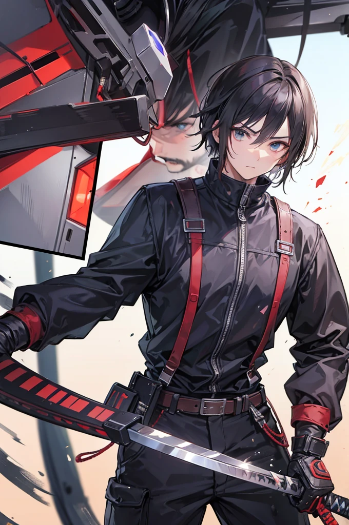 Adult man; stubble; western clothing; collision of katana blows in a fight against a robot using a sword