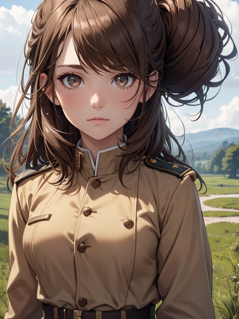 (8K, Best Quality, Masterpiece, Ultra High Resolution) 1 Girl, Woman, Beautiful Eyes, Face Details, Brunette Hair, Messy Hair Bun, Brown Eyes, Pale Skin, Tan Colored Military Uniform, Tan Jacket, White Fitted Shirt, Military Badge, Outside, Dirt Road, Countryside, Best Quality, Upper Body, Looking at the Viewer, Facing Viewer, Close Up