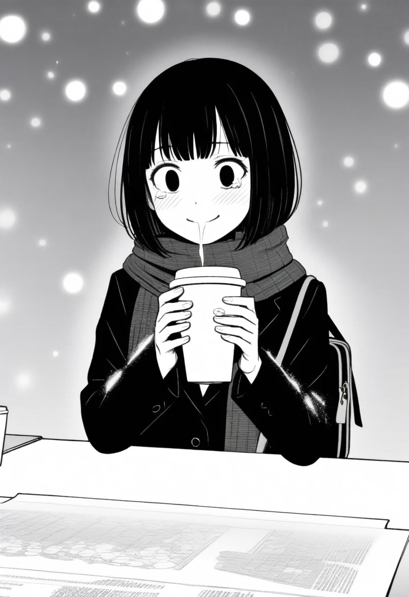 masterpiece, best quality, 1girl, mamerakkkkko, grayscale, manga style, japanese, chi no wadachi, black eyes, street, iced, black hair, schoolbag, smile, lineart, black coat, black scarf, black pleated skirt, leggins, centered, 18 years old, tall, fair skinned, bokeh background, crying, tears, tears streaming, bob cut, light particles, centered, snowing, (((drinking coffee, perfect hand, detailed hand:1.1)), emotional anime scene