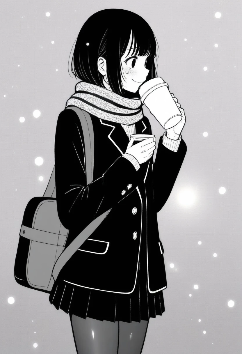 masterpiece, best quality, 1girl, mamerakkkkko, grayscale, manga style, japanese, chi no wadachi, black eyes, street, iced, black hair, schoolbag, smile, lineart, black coat, black scarf, black pleated skirt, leggins, centered, 18 years old, tall, fair skinned, bokeh background, crying, tears, tears streaming, bob cut, light particles, centered, snowing, (((drinking coffee, perfect hand, detailed hand:1.1)), emotional anime scene